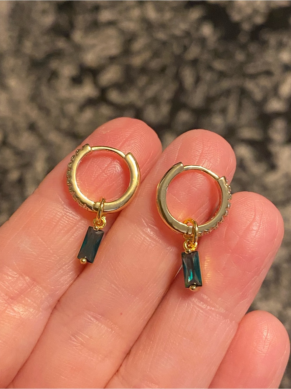 Gold Huggie Earrings with Teal Crystal Drop